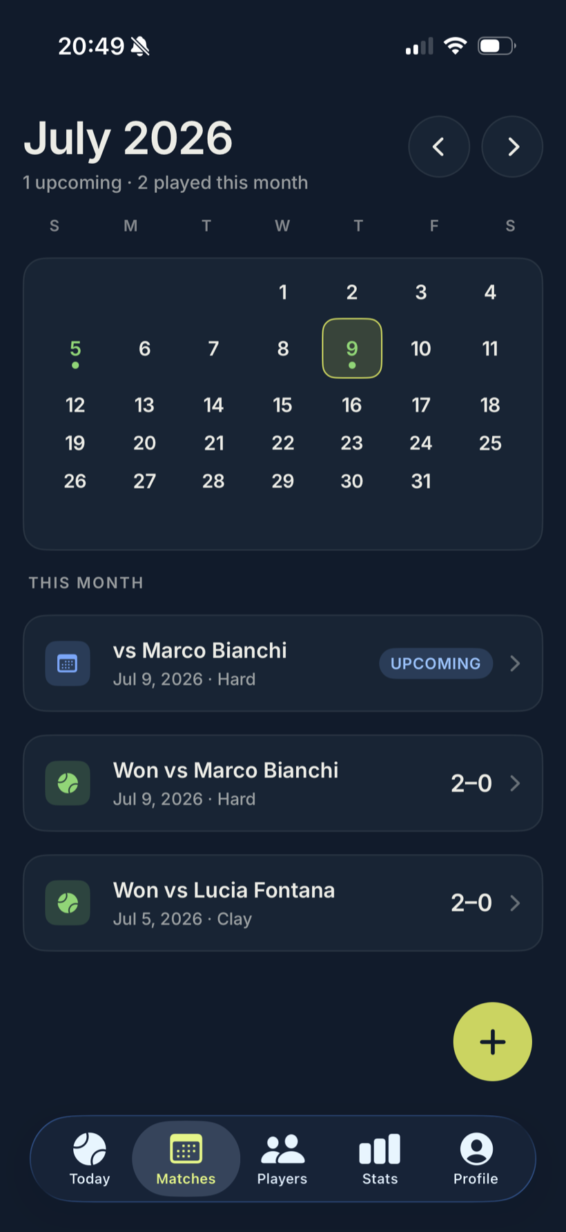 Latuvo matches calendar — every match you've played, month by month.