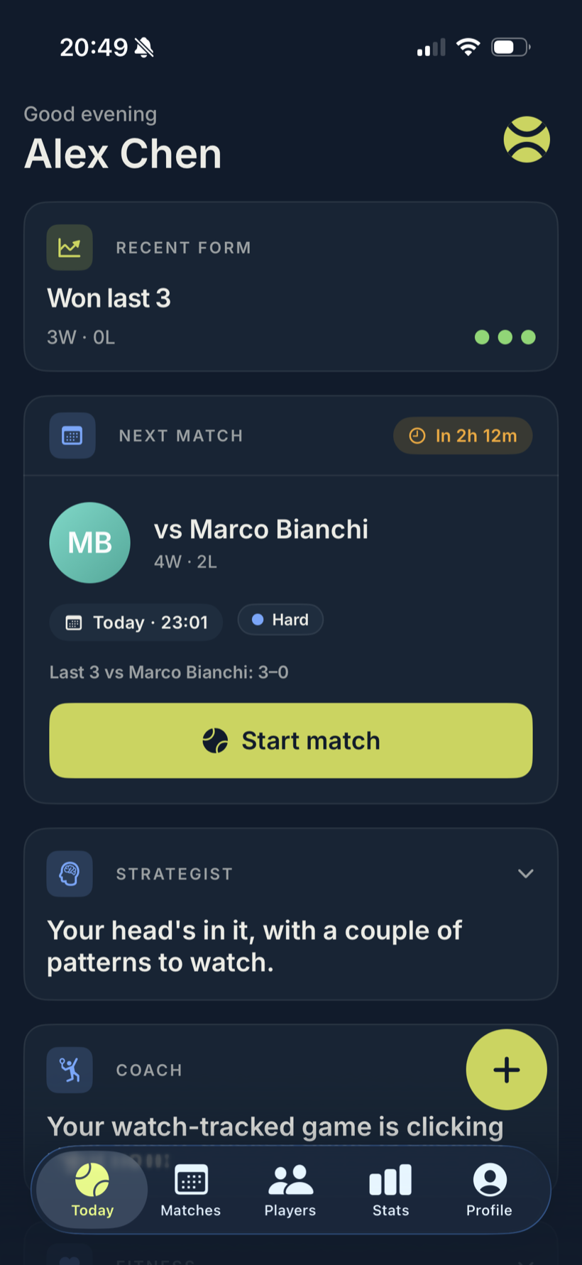 Latuvo Today — your season record, current streak, and your next match.
