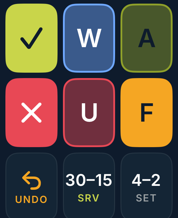 Latuvo on Apple Watch — tap to score every point live from your wrist.